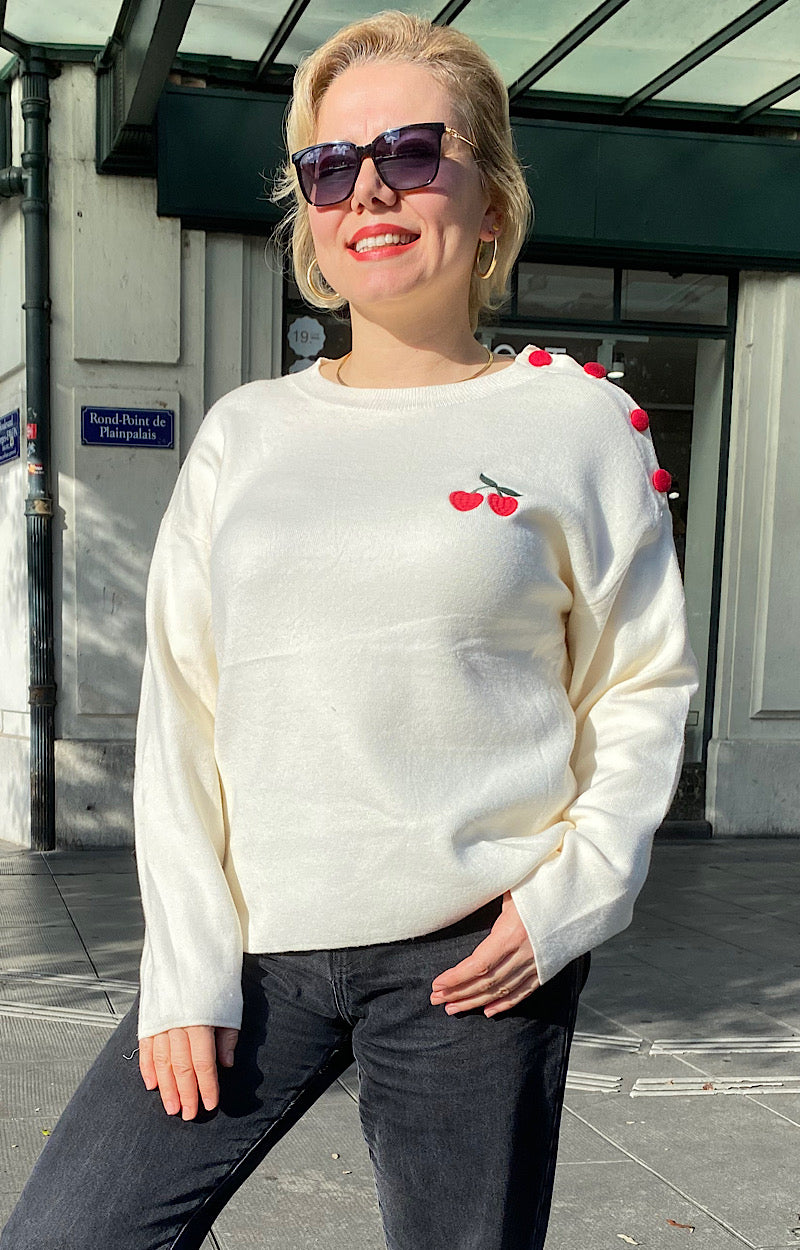 PULL CERISE BRODÉ AMBRE